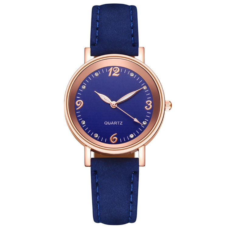 Women’s casual quartz watch, blue leather-look strap, rose-gold case, blue dial