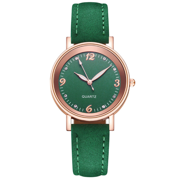 Women’s casual quartz watch, green leather-look strap, rose-gold case, dark green dial