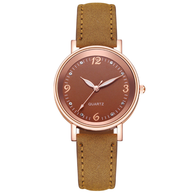 Women’s casual quartz watch, brown leather-look strap, rose-gold case, brown dial