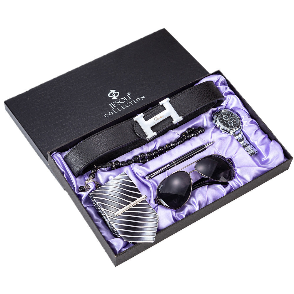 Men's 6-piece gift set with black belt, sunglasses, watch, tie, and beaded accessories