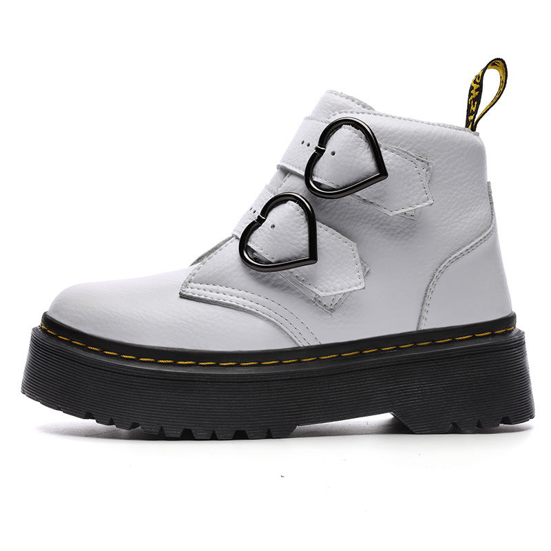 Women's thick-soled boots, white upper with heart-shaped buckle straps