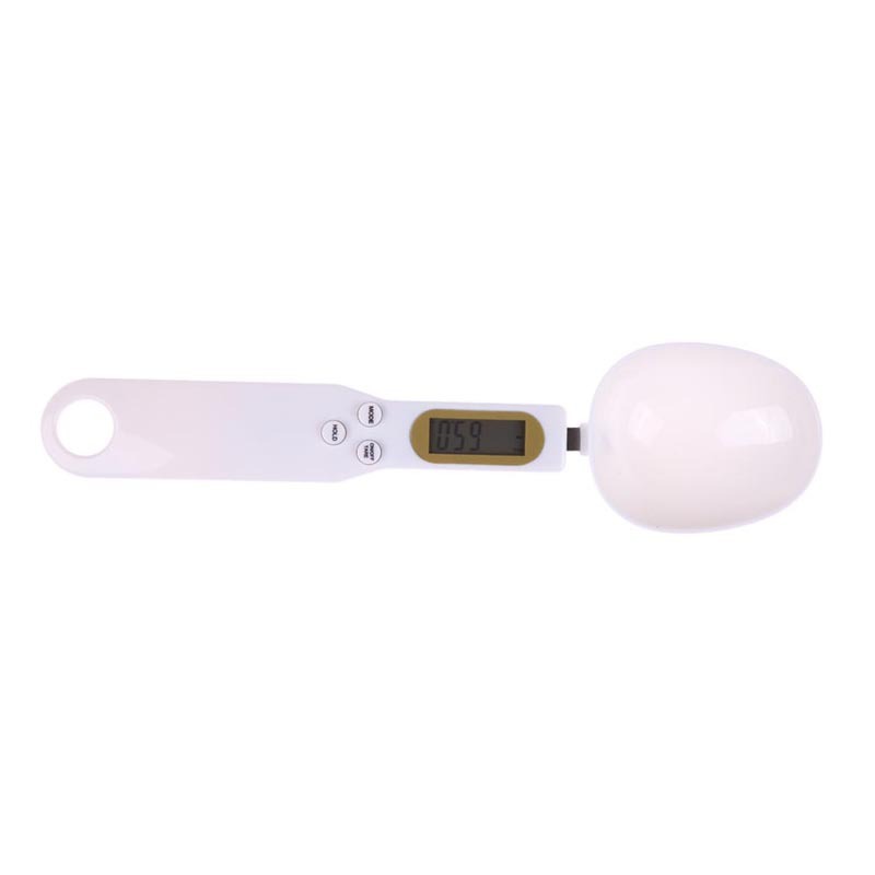 White LCD digital kitchen scale spoon with spoon-shaped weighing cup and screen