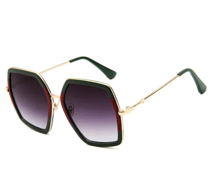 Women’s fashion sunglasses with dark green frames and dark purple tinted lenses