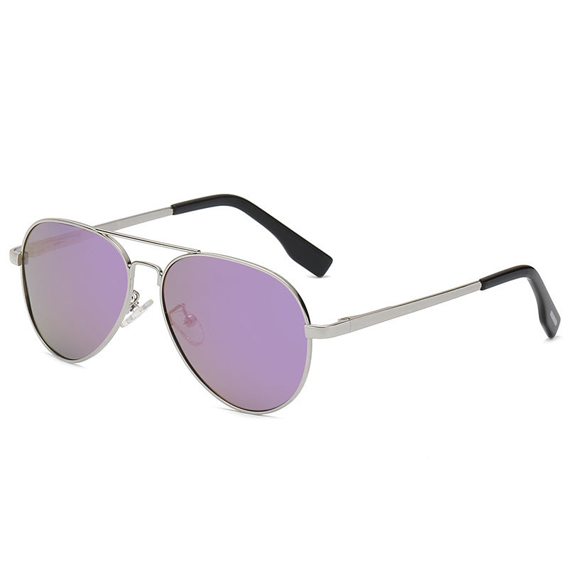Unisex polarized sunglasses with silver metal round frames, purple mirrored lenses, black temples