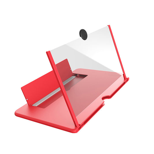 Red 3D mobile screen magnifier stand with clear viewing panel and phone holder