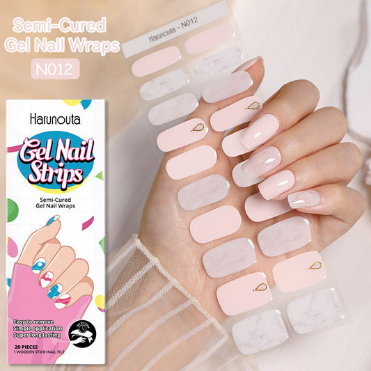 Harunoula Gel Nail Strips with a hand wearing pre-applied nail wraps and packaging.