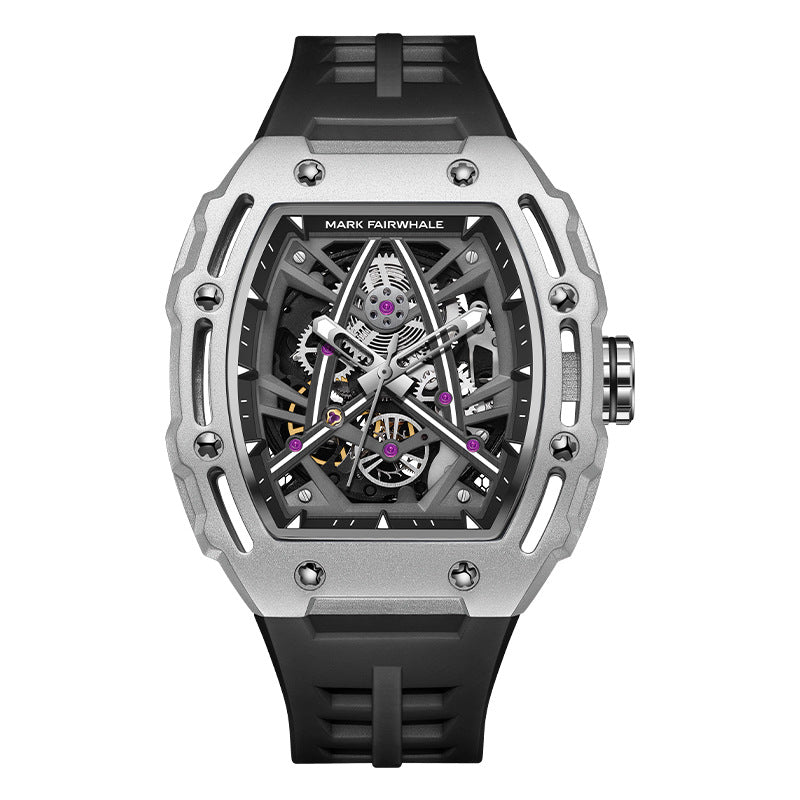 Men's barrel-shaped skeleton automatic watch with black rubber strap, silver case and visible gears
