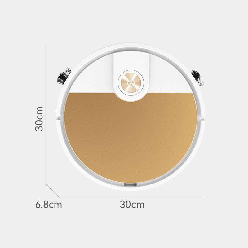 Gold-accent cleaning robot with 30cm diameter and 6.8cm height