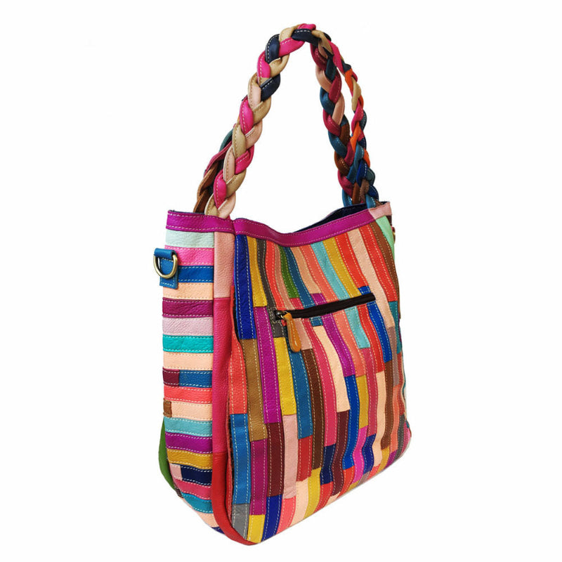 Multicolor striped shoulder tote with braided handles and blue side accents
