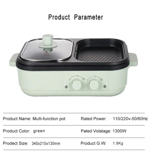 Light green electric cooking pot with glass lid, black grill tray, and two knobs
