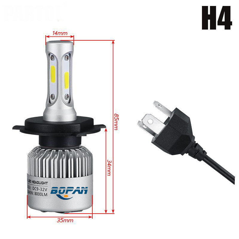 LED headlight bulb H4 with yellow dual LEDs, silver heatsink, and black wiring harness