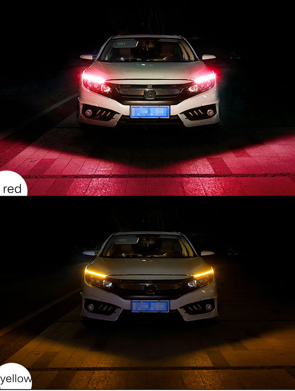 Car LED daytime running light strip showing red and yellow light modes on rear