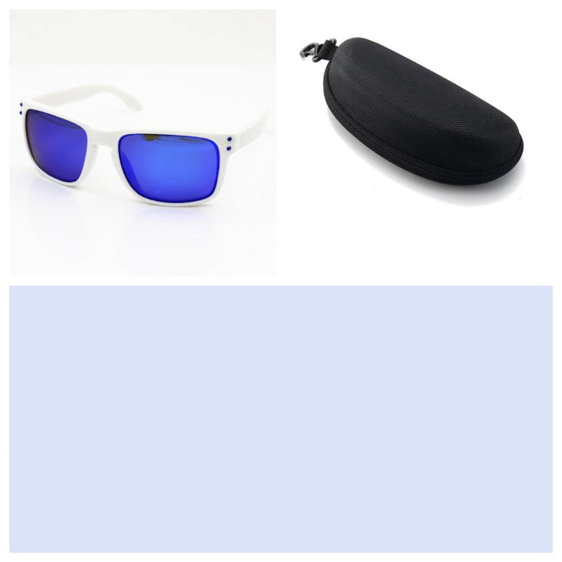 Men's sports sunglasses with white frame and blue mirrored lenses, with hard case
