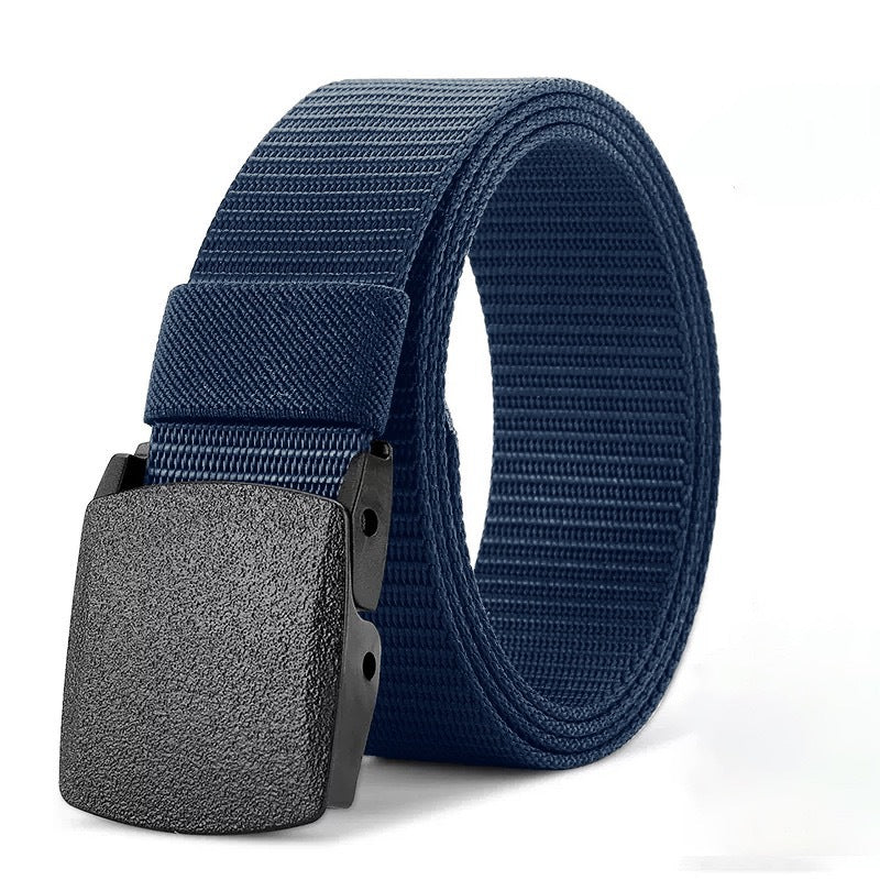 Navy blue belt with a gray buckle on a white background