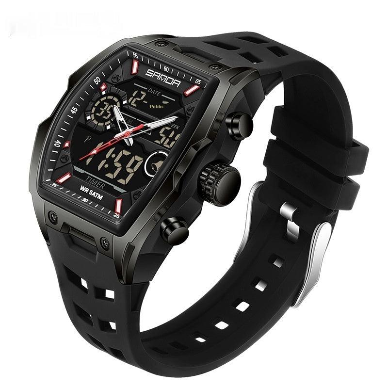 Multifunctional sports electronic watch with black case, black dial, black silicone strap, silver pushers
