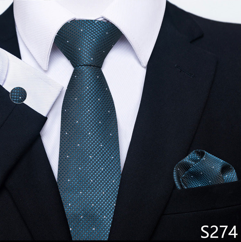Men's formal tie, pocket square, and cufflink set with teal grid-pattern tie