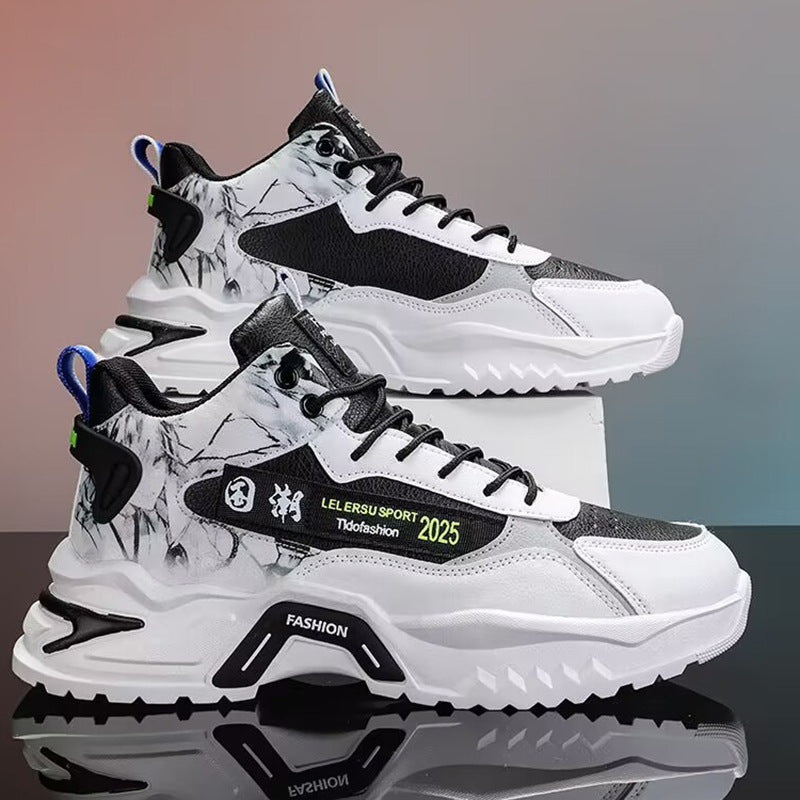 Men's casual dad shoes with black-and-white panels, teal accents, lace-up high-top