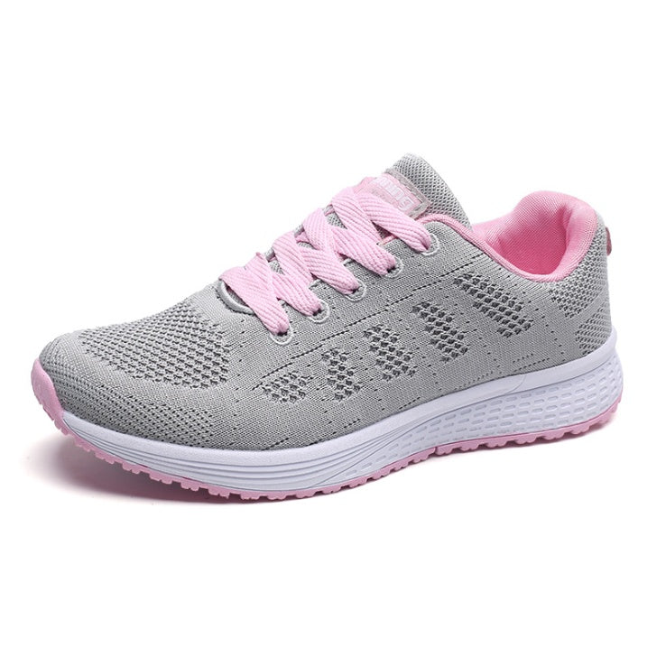 Women’s mesh sneakers, gray upper with pink laces and pink-trimmed white rubber outsole