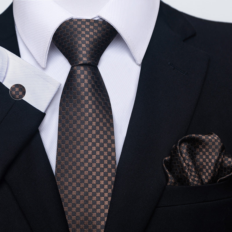 Men's formal tie set with dark brown check tie and matching pocket square, cufflink