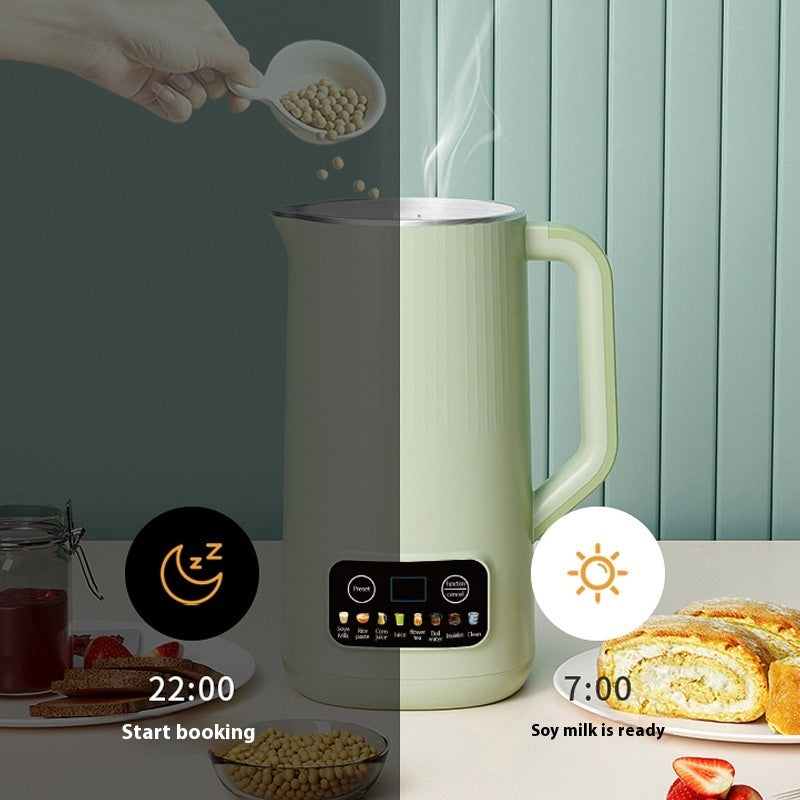 Light green soybean milk machine with lid, side handle, and illuminated control panel