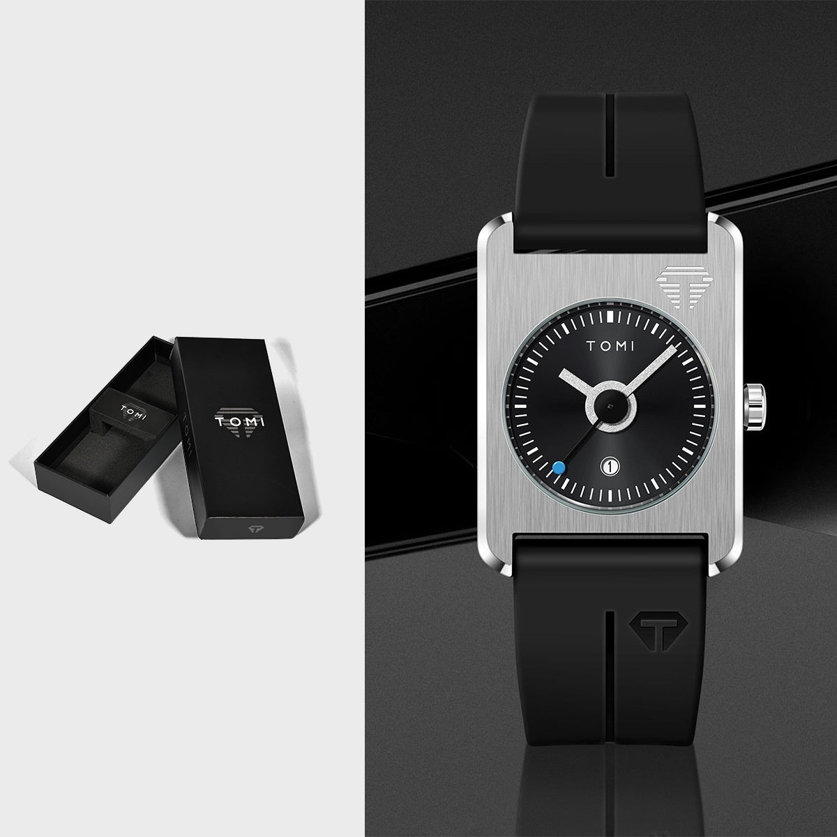 Unisex square quartz watch with calendar, black dial and silver case, black silicone strap