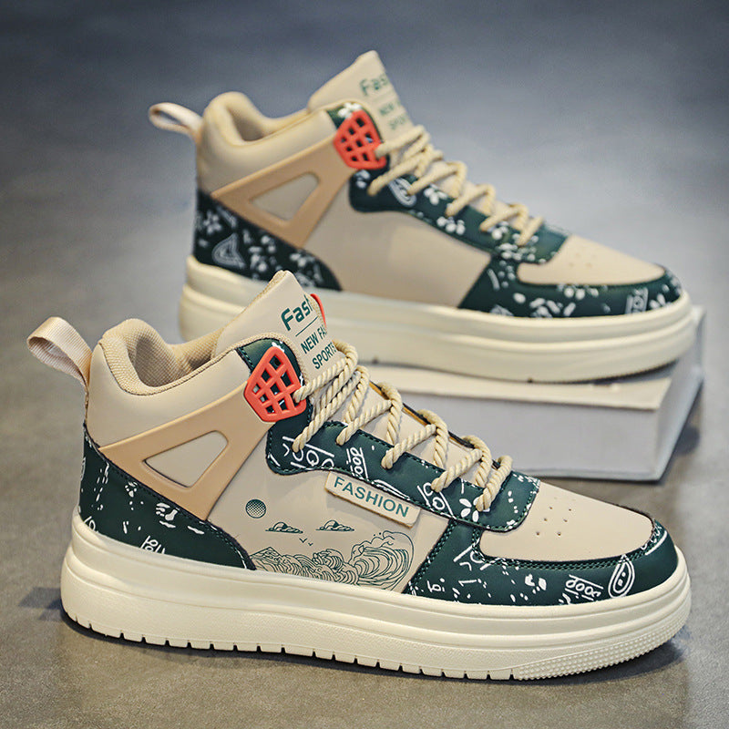High-top sneakers with navy and green graphic upper, beige panels, red lace accents