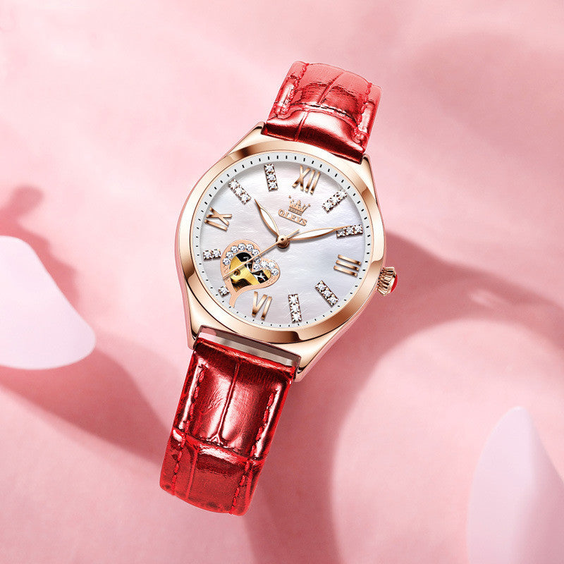 Rose gold automatic mechanical watch with red leather strap, white crystal Roman dial