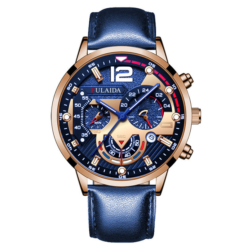 Quartz wristwatch with rose-gold case, blue leather strap, blue dial with colorful subdials.