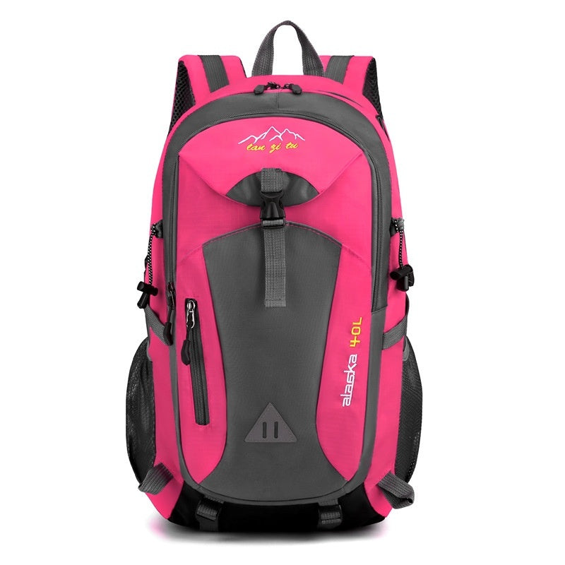 Pink outdoor backpack with black straps, front zip pocket, and two side storage pockets.
