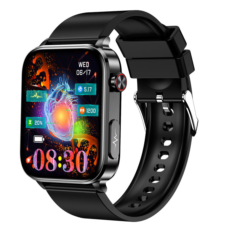 TK15 smartwatch with black silicone strap and colorful heart illustration on the display