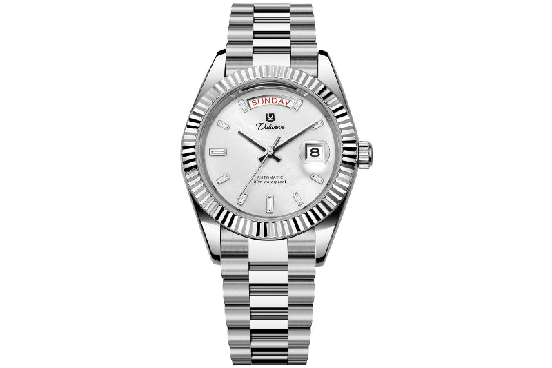 Stainless steel automatic men's watch with silver dial and dual calendar windows