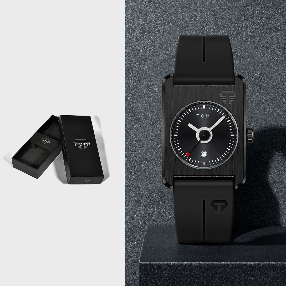 Unisex square quartz watch with calendar, black dial, black case, black silicone strap