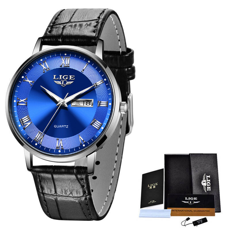 Men's quartz watch with black leather strap and blue dial, day-date window