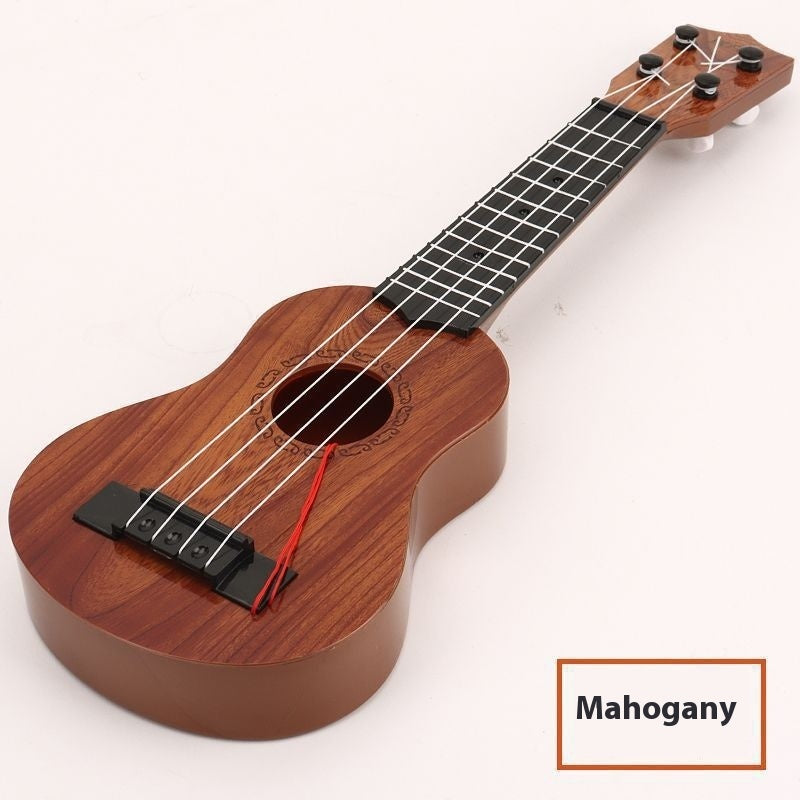 Kids wooden 4-string ukulele toy, mahogany finish; front angle with fretboard
