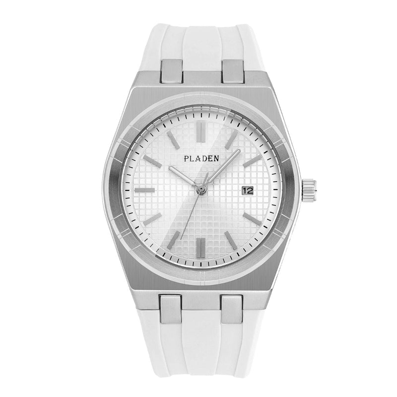 Men's quartz watch with white silicone strap, white dial, date window at 12, silver case