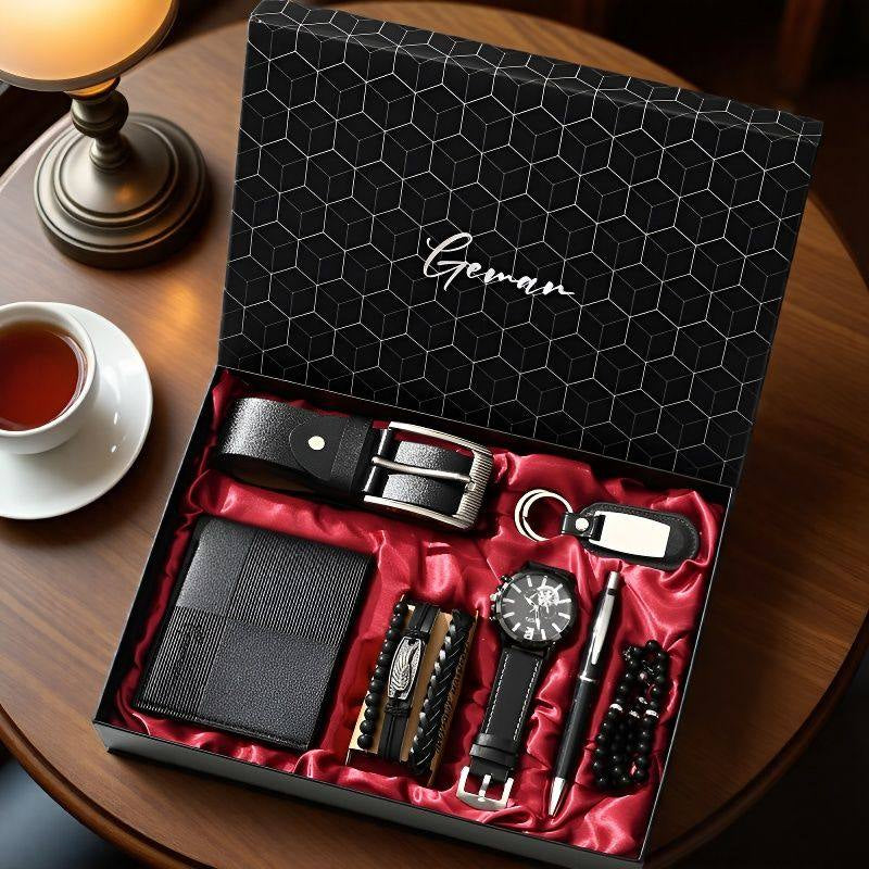 Men's gift set in black box with geometric lid, red satin tray, belt, wallet, watch, keychain