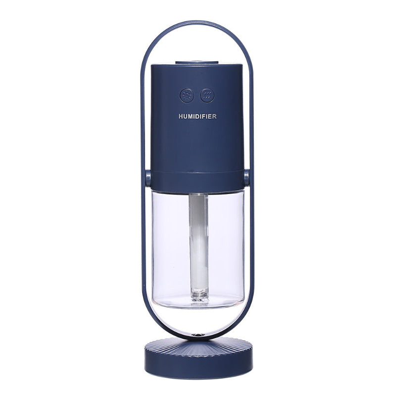 Blue USB ultrasonic air humidifier with mist chamber and night-light base