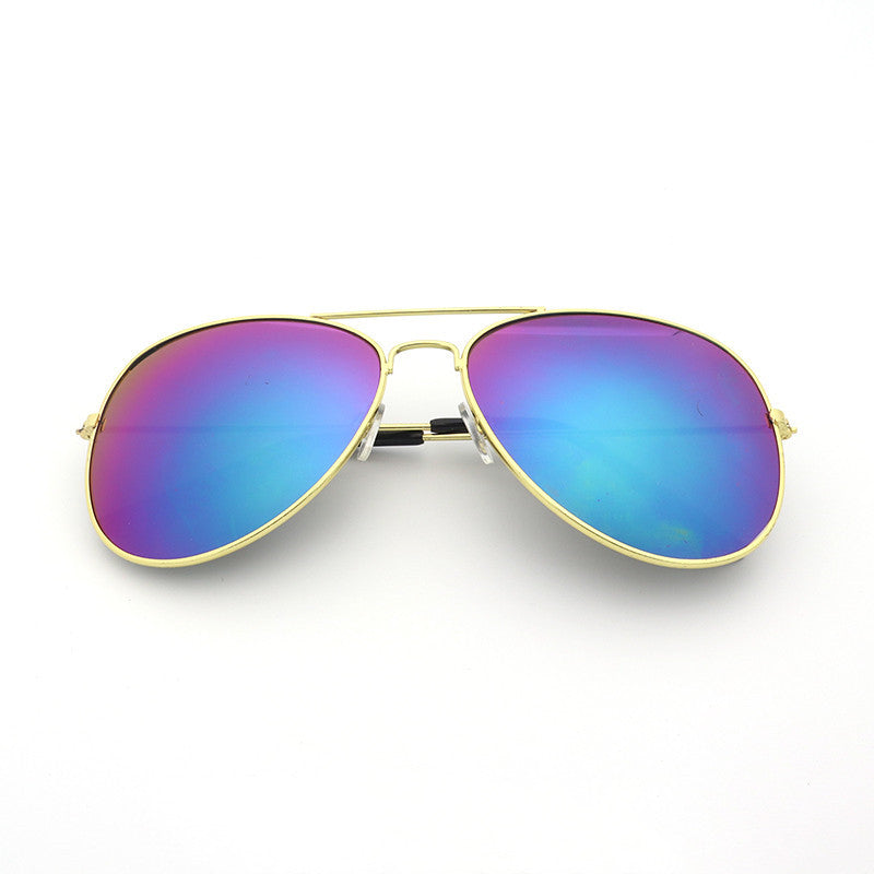 Gold aviator sunglasses with blue-purple mirrored lenses