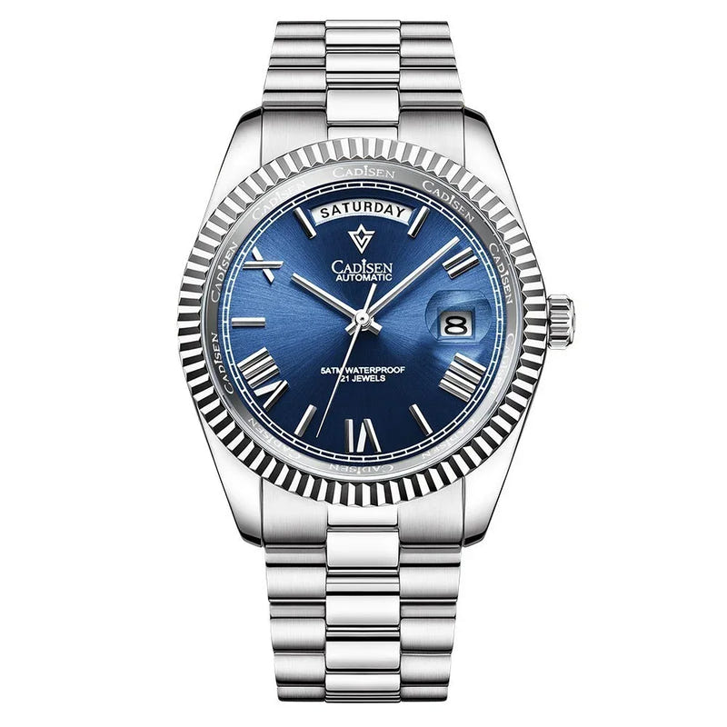 Men’s automatic mechanical watch in silver tone with blue dial and metal link bracelet