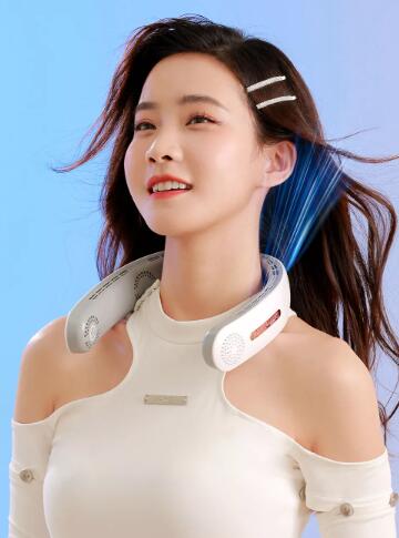 White neck electric fan worn around the neck with round vent grilles