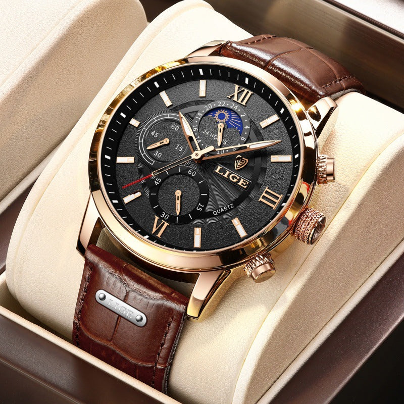 Rose gold chronograph quartz watch with black dial and brown leather strap