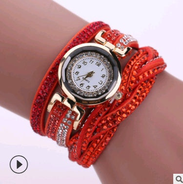 Ladies quartz watch bracelet with red leather strap and gold-tone clasp