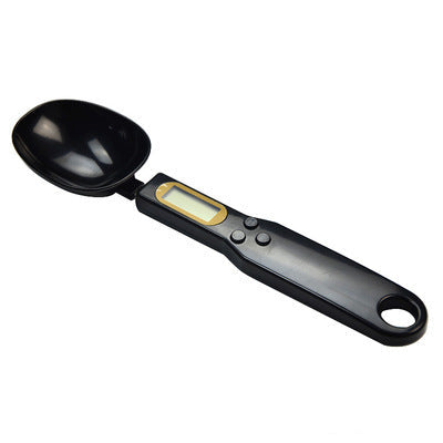 Black LCD digital kitchen scale spoon with weighing cup and control buttons