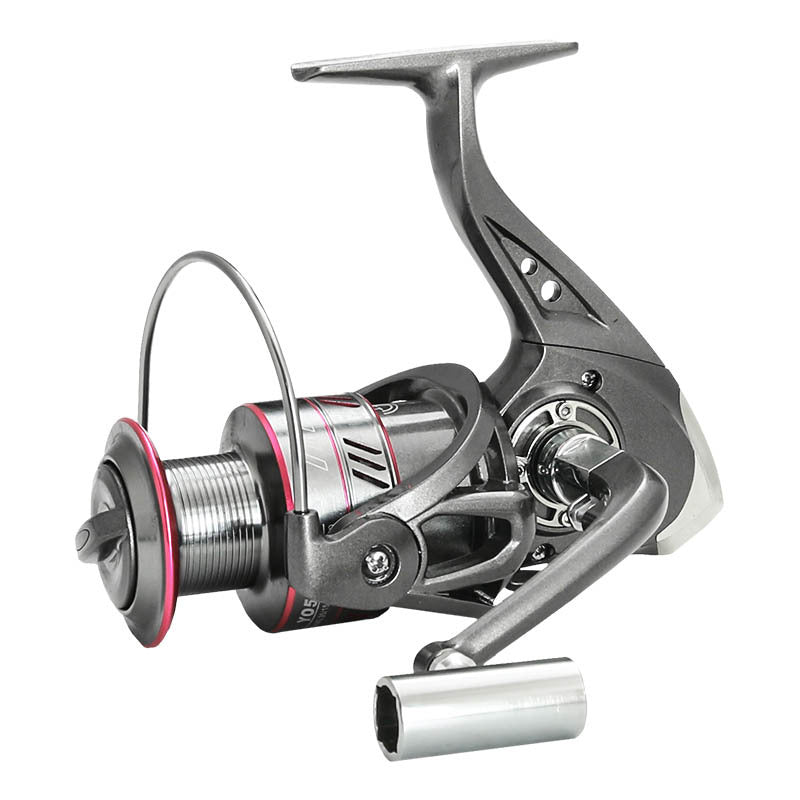 Metal fishing reel with open bail wire, pink-spool edge, and silver handle sleeve
