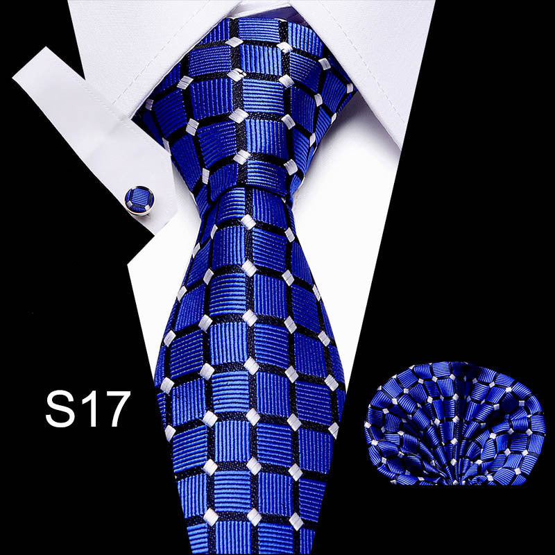 Men's business tie with blue geometric checker and block pattern