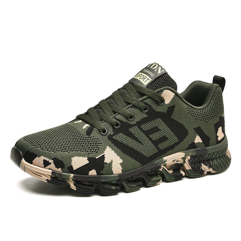 Camouflage mesh lace-up athletic sneaker with padded collar and chunky tread sole