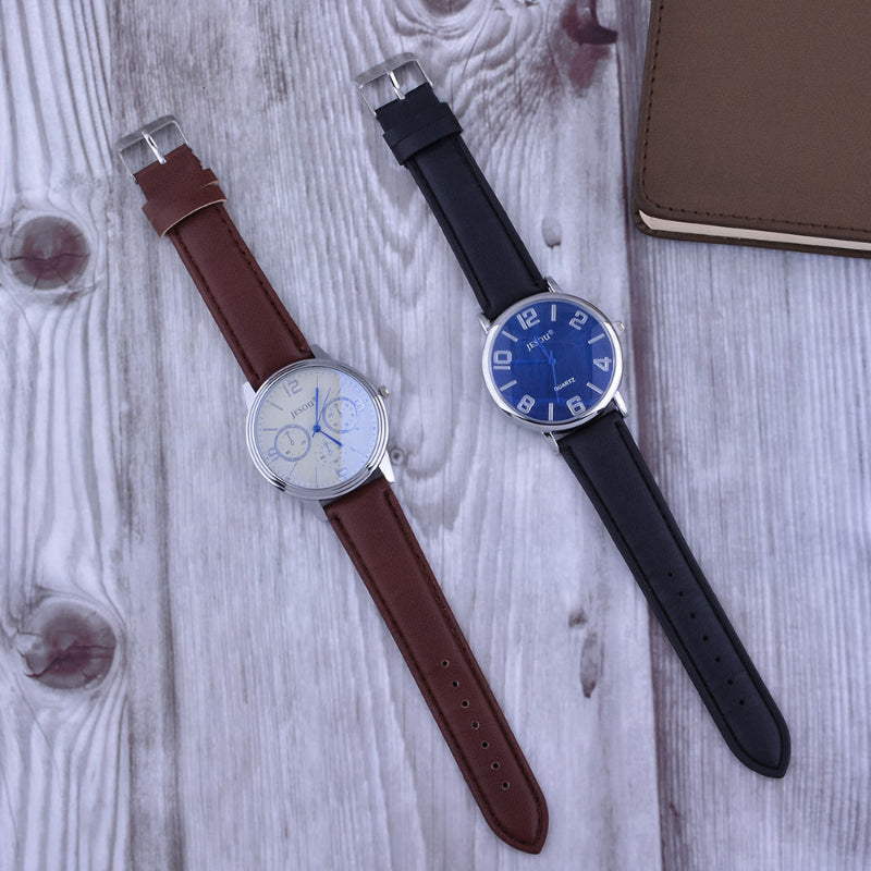 Men's watch gift set: two wristwatches with brown and black leather straps