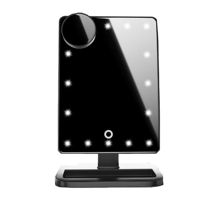 Black touch screen LED makeup mirror with Bluetooth speaker and magnifying lens