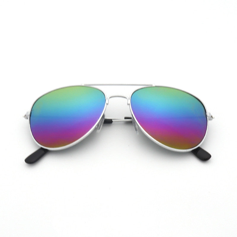 Unisex sunglasses with silver frame and mirrored rainbow lenses, dual round halves