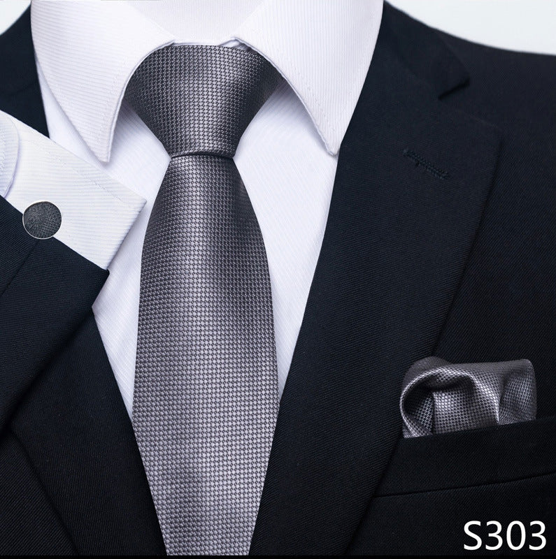 Men's formal tie and pocket square set, dark gray textured weave